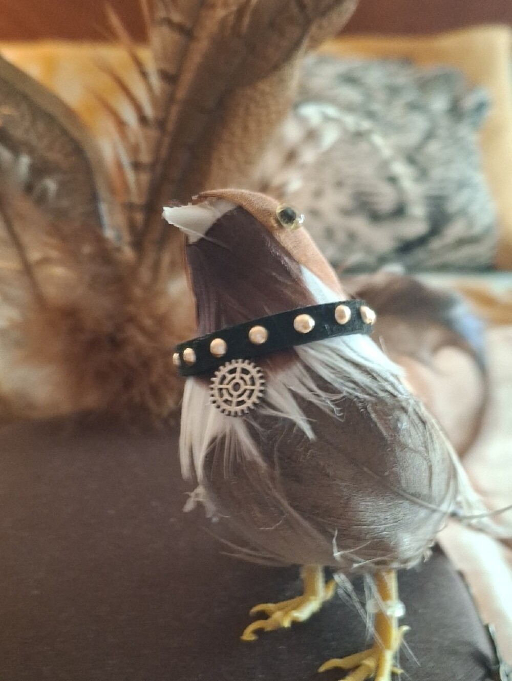 Brown Steampunk Top Hat with Feather and Gear Accents - Picture 6 of 9